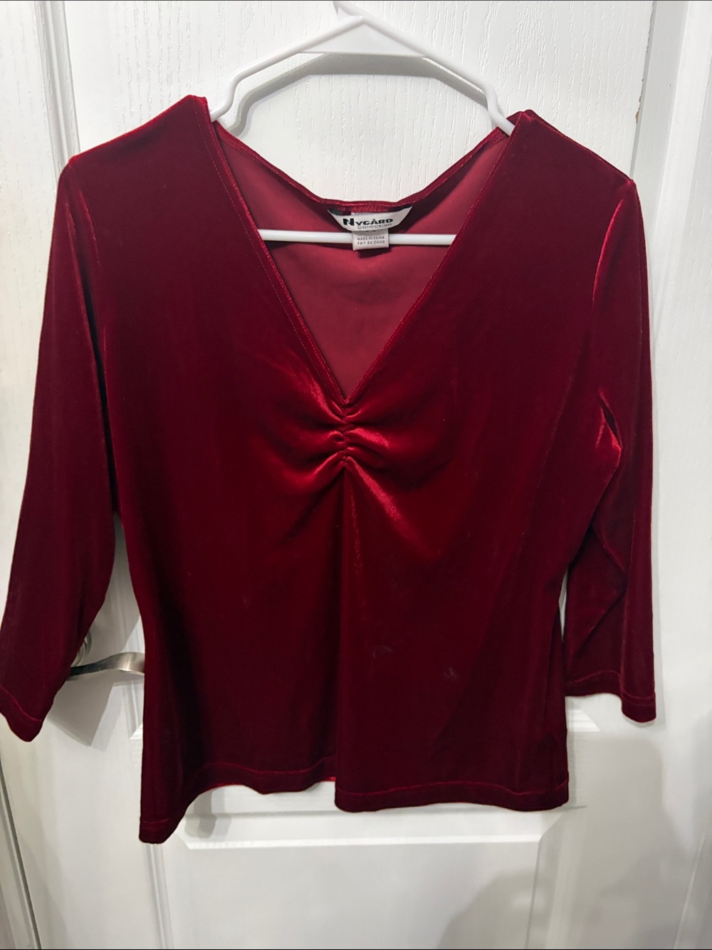 Velvet V-Neck Ruched Long-Sleeve Tunic in Deep Red by Nyloano